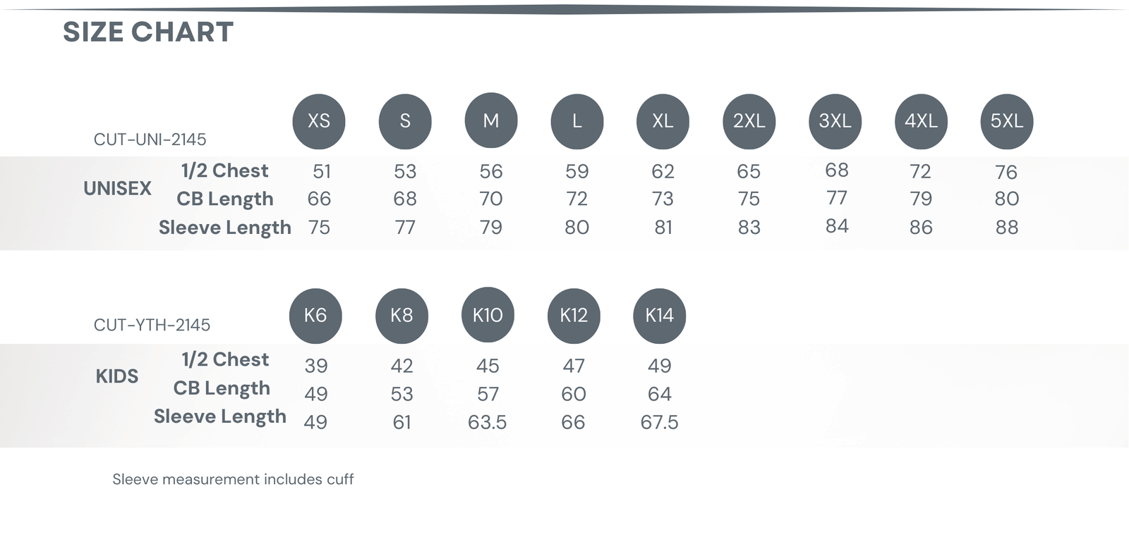 Crew Neck Sweatshirt — Cut and Sew Size Chart